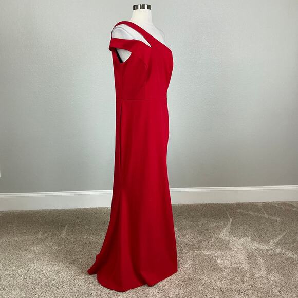 Red One Shoulder Evening Gown Size 14P XSCAPE Cut Out Thigh Slit Formal Dress - Picture 2 of 14